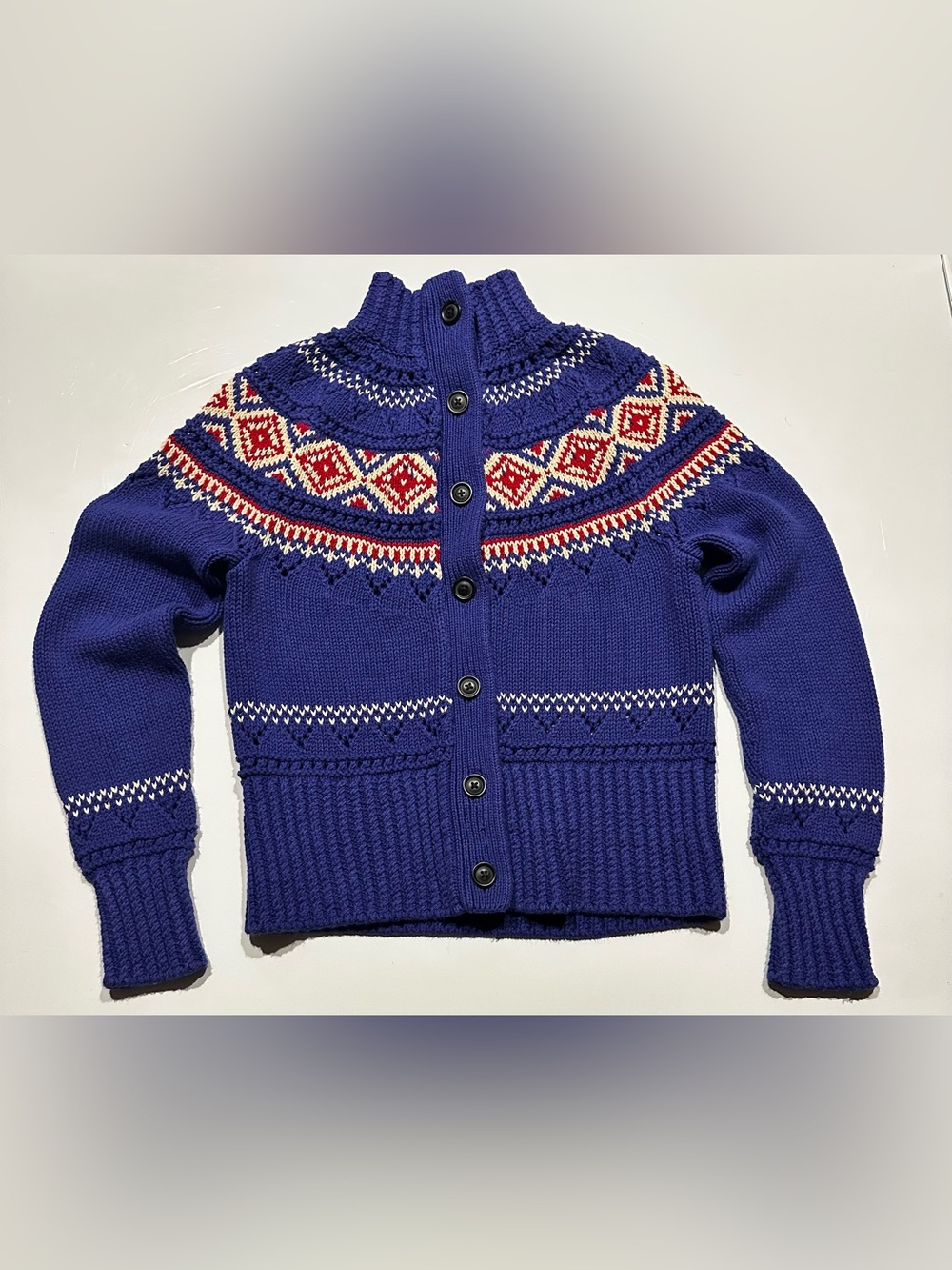 L.L. Bean Womens Sz XSmall Cotton Cardigan Sweater Purple White Nordic Fair Isle